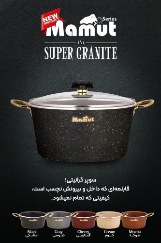 #ماموت ✅سرویس 21پارچه فورج سوپر گرانیتی دسته و قوپه طلایی در 6رنگ متنوع و زیبا سایز قابلمه ها 14،16،18،20،24،28 سایز ماهی تابه ها 18،28 1ست ۵عددی کفگیر ملاقه دو عدد دستگیره سیلیکونی